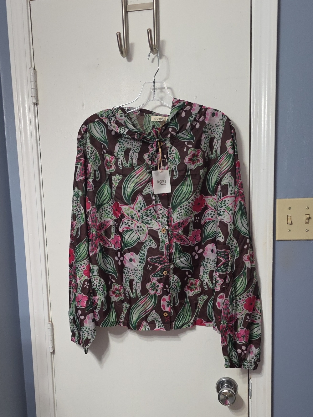 Kori Floral & Giraffe Print Button-Up Blouse — Brown, Green, Pink